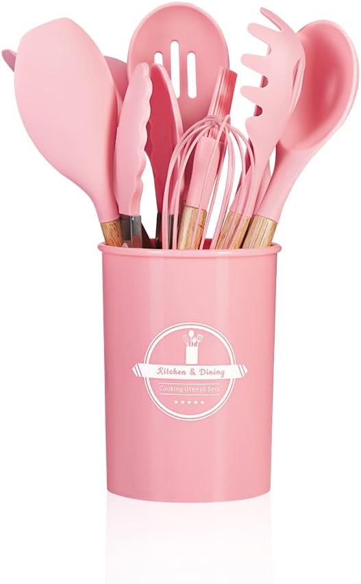 Kit Utensílios Cozinha 12 Peças Silicone Antiaderente (Rosa)