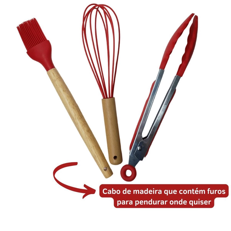 Kit Utensílios Cozinha 12 Peças Silicone Antiaderente (vermelho)