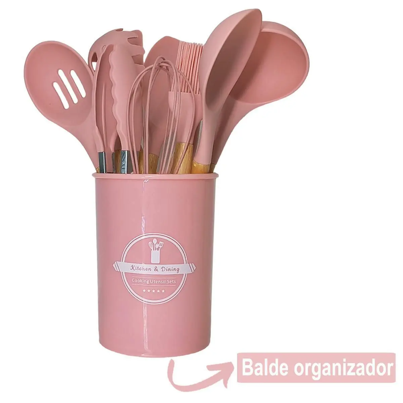 Kit Utensílios Cozinha 12 Peças Silicone Antiaderente (Rosa)