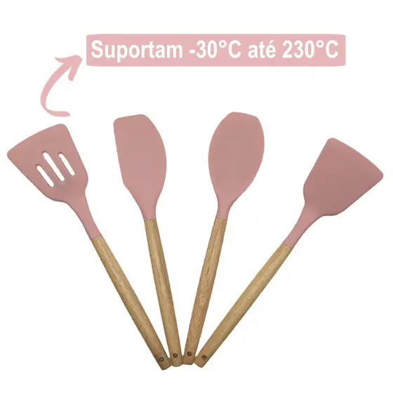 Kit Utensílios Cozinha 12 Peças Silicone Antiaderente (Rosa)