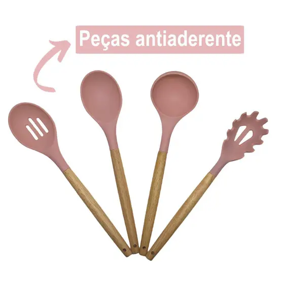 Kit Utensílios Cozinha 12 Peças Silicone Antiaderente (Rosa)