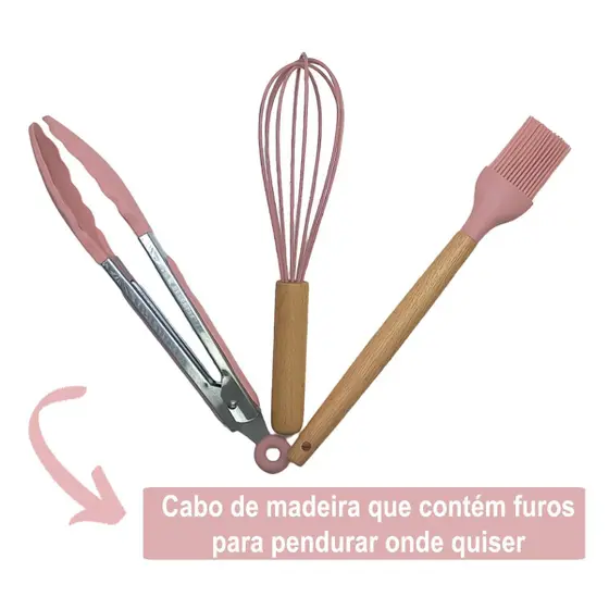 Kit Utensílios Cozinha 12 Peças Silicone Antiaderente (Rosa)