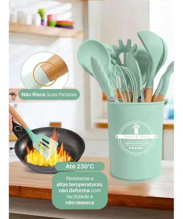 Kit Utensílios Cozinha 12 Peças Silicone Antiaderente (verde)