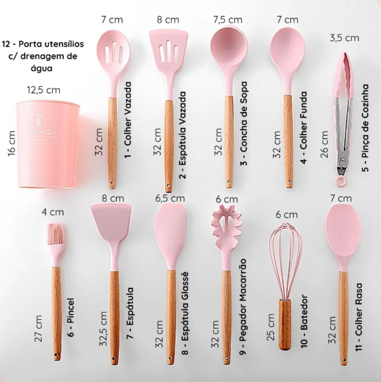 Kit Utensílios Cozinha 12 Peças Silicone Antiaderente (Rosa)