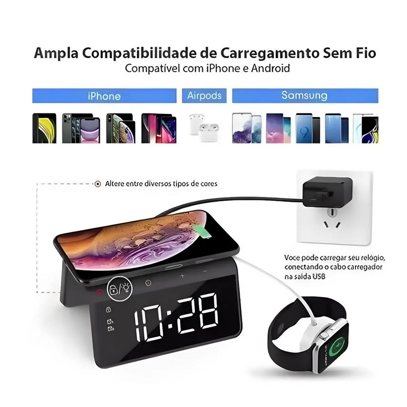 Carregador Indução + Relógio Despertador (Preto)