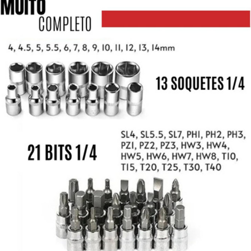 Kit Jogo Catraca Reversível Soquetes 53 Peças