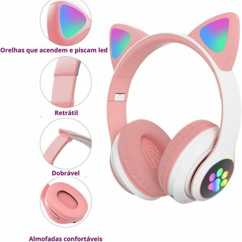 Fone Bluetooth Orelha De Gato Led Colorido (rosa)