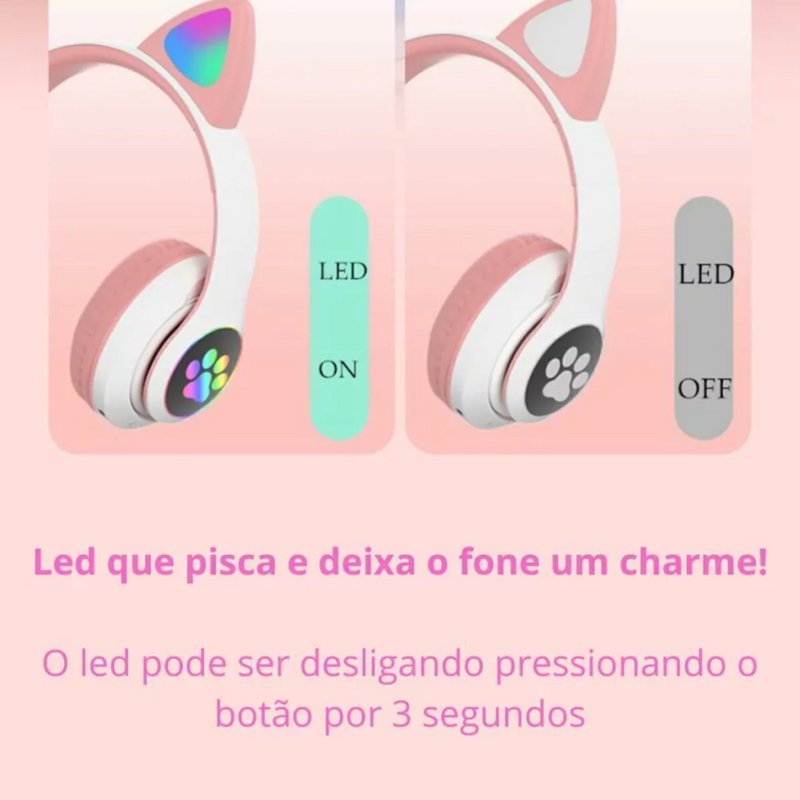 Fone Bluetooth Orelha De Gato Led Colorido (rosa)