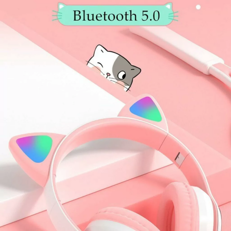 Fone Bluetooth Orelha De Gato Led Colorido (rosa)