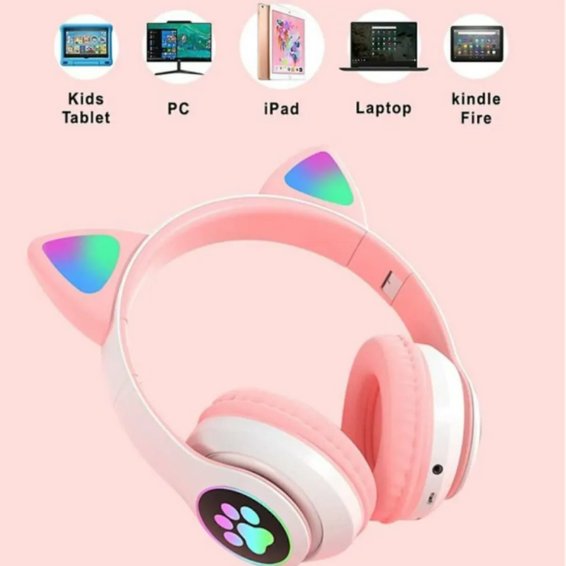 Fone Bluetooth Orelha De Gato Led Colorido (rosa)