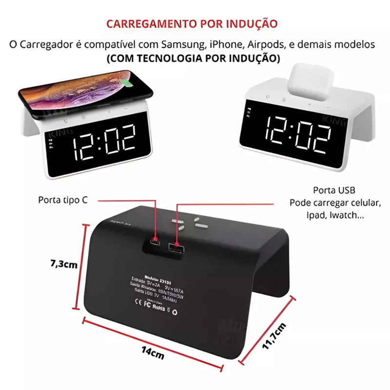 Carregador Indução + Relógio Despertador (branco)