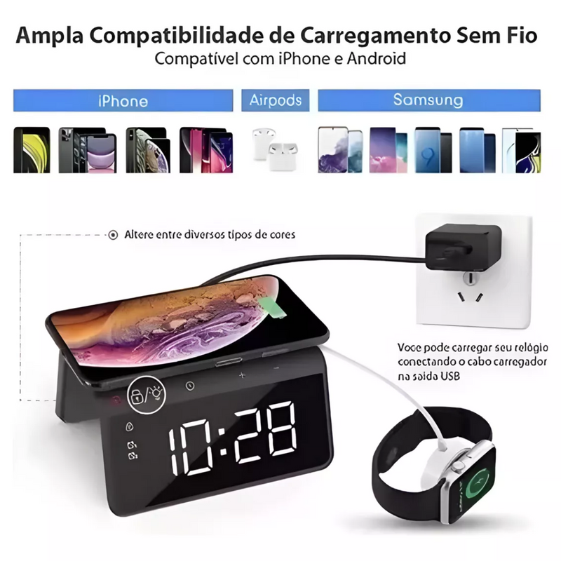 Carregador Indução + Relógio Despertador (branco)