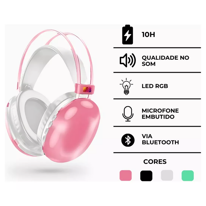 Fone De Ouvido Sem Fio Bluetooth V5.3 Com Led (Rosa)