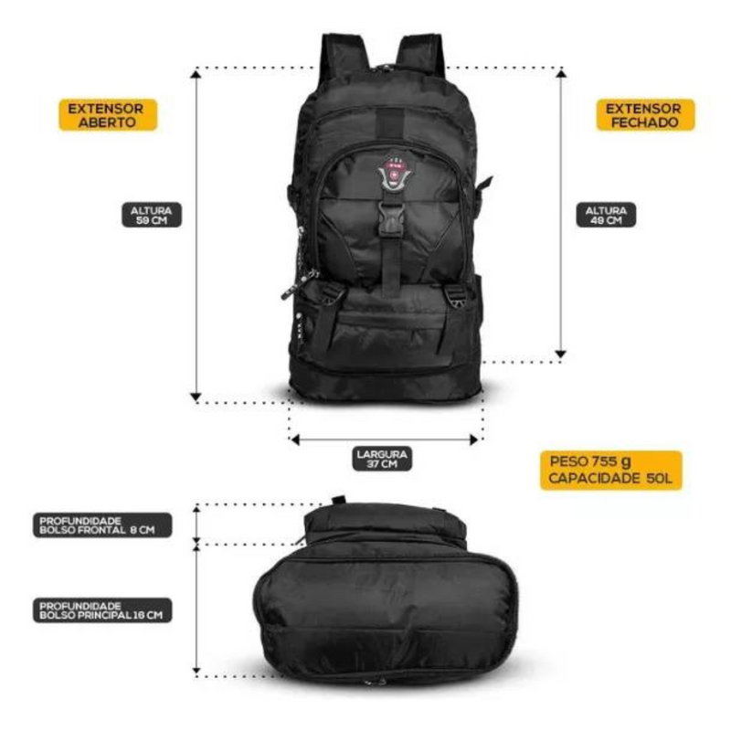 Mochila Para Viagem, Acampamento e Trilha, Semi Impermeável