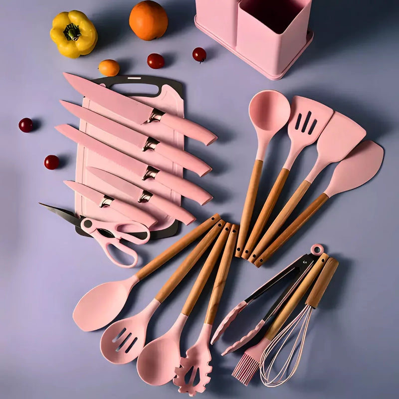 Kit Utensílios De Cozinha Jogo Completo 19 Peças (Rosa)