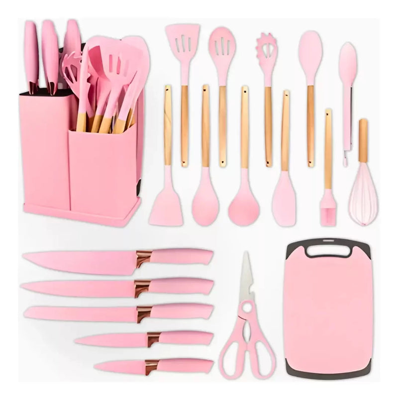 Kit Utensílios De Cozinha Jogo Completo 19 Peças (Rosa)