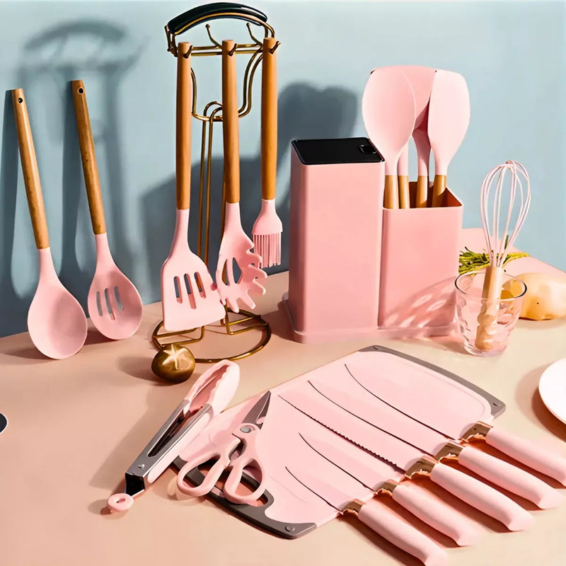 Kit Utensílios De Cozinha Jogo Completo 19 Peças (Rosa)