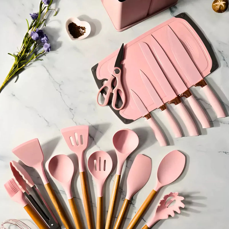 Kit Utensílios De Cozinha Jogo Completo 19 Peças (Rosa)