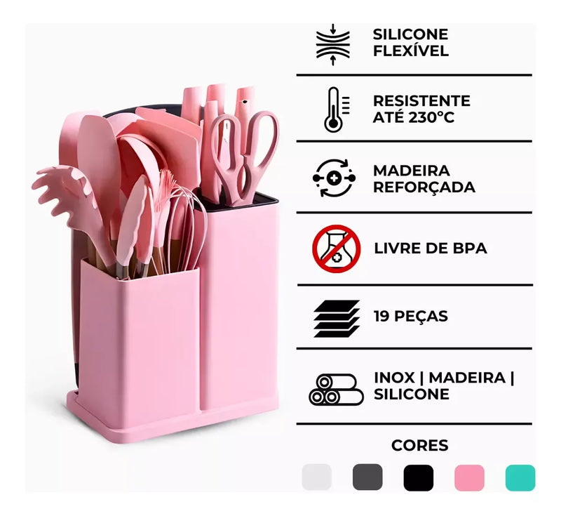 Kit Utensílios De Cozinha Jogo Completo 19 Peças (Rosa)