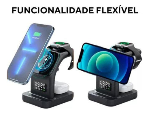 Base Carregador Sem Fio 5 Em 1 Indução Relógio