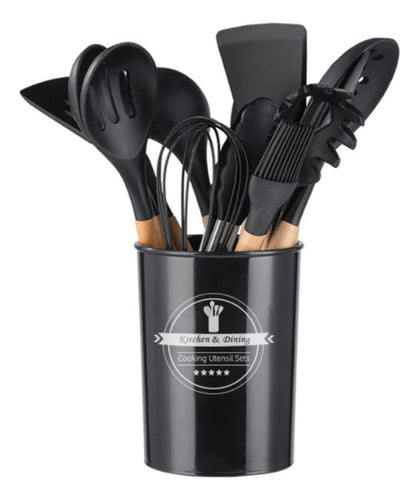 Kit Utensílios Cozinha 12 Peças Silicone Antiaderente (Preto)