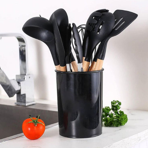 Kit Utensílios Cozinha 12 Peças Silicone Antiaderente (Preto)