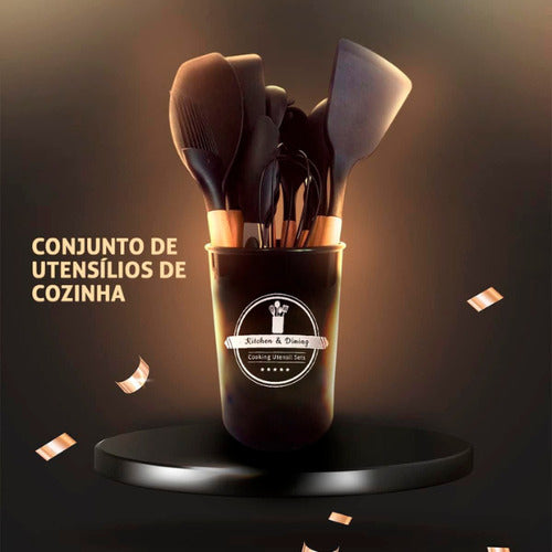 Kit Utensílios Cozinha 12 Peças Silicone Antiaderente (Preto)